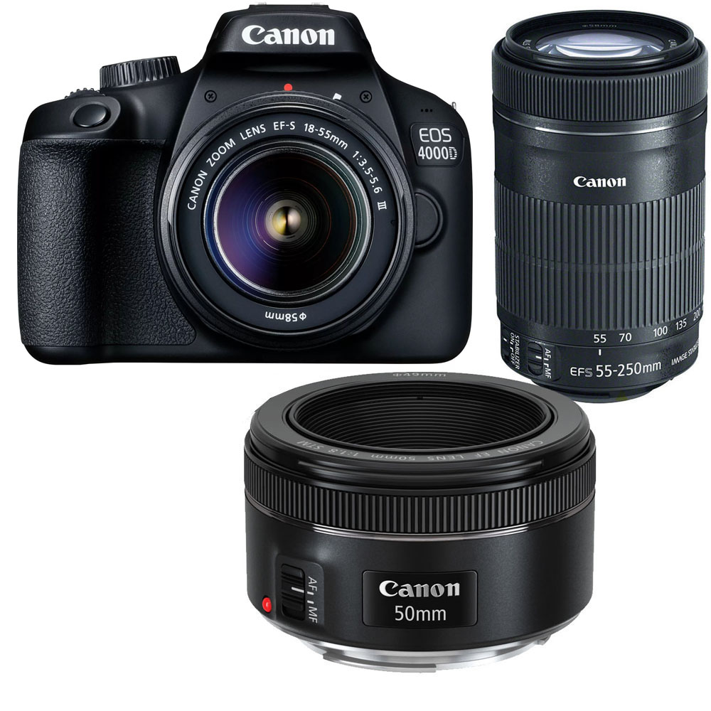 Canon EOS 4000D DSLR Camera with EF-S 18-55 mm f/3.5-5.6 III, 55-250mm and 50mm Lens - 2 Year Warranty - Next Day Delivery